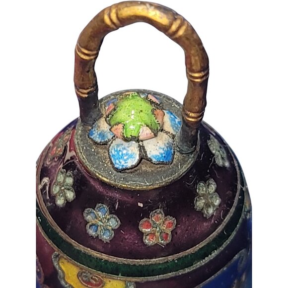 Vintage Cloisonné Enamel Bell With Intricate Floral & Bird Design Purple Blue - Picture 9 of 12